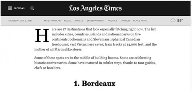 Bordeaux elected top 2017 destination to travel to by Lonely Planet and Los Angeles times