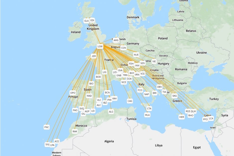 Data British Airway’s London Gatwick operations Routes